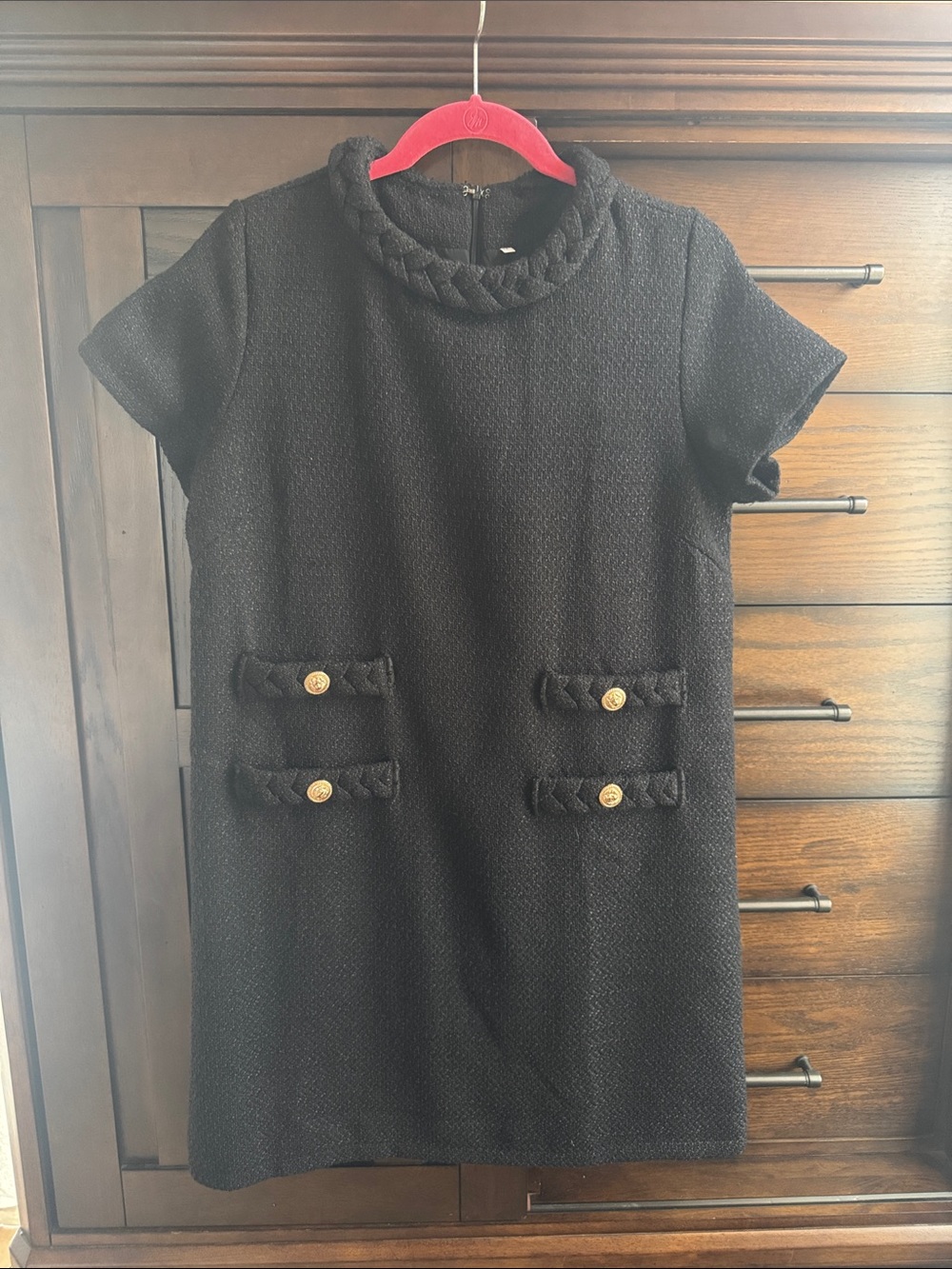 Black Textured Short Sleeve Shift Dress with Gold Buttons